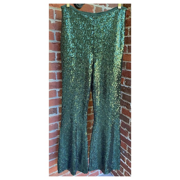 NWOT Anthropologie Joni Sequin Flare Pants in Dark Green  Size 10 - Picture 7 of 14